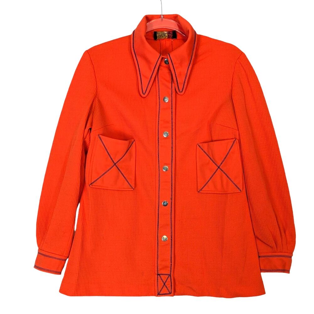 Vintage 60's 70's Women's Orange Dagger Collar Blouse Ribbed Snap Polyester
